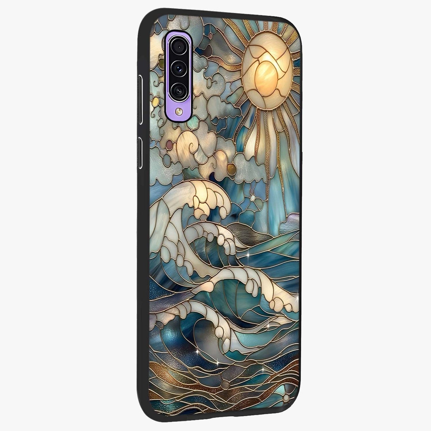 Oceanic Stained Printed Glass Case upright view showcasing decorative ocean pattern artwork with vibrant marine theme.