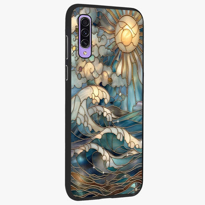 Oceanic Stained Printed Glass Case upright view showcasing decorative ocean pattern artwork with vibrant marine theme.