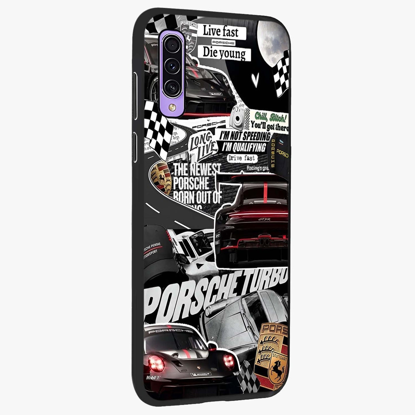 Porsche Racing Collage Glass Case upright view showcasing energetic car collage artwork with high speed racing theme.
