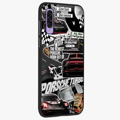 Porsche Racing Collage Glass Case upright view showcasing energetic car collage artwork with high speed racing theme.
