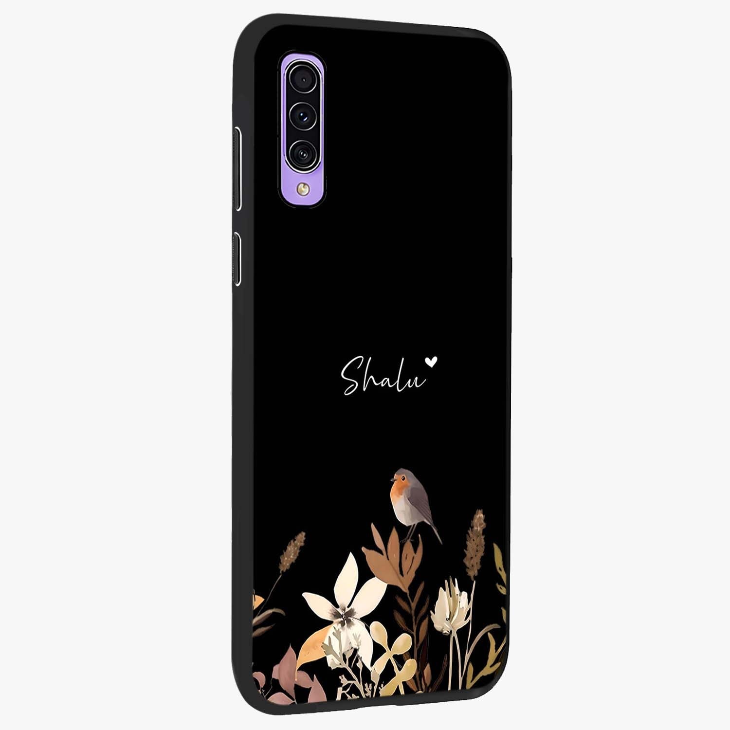 Quiet Garden Tune Custom Name Glass Case upright view showcasing serene botanical artwork with personalized aesthetic.