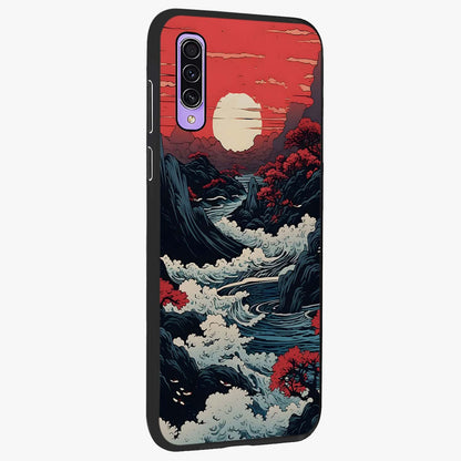 Red Sunset Scenery Glass Case upright view showcasing dramatic sunset scenery artwork with warm nature theme.