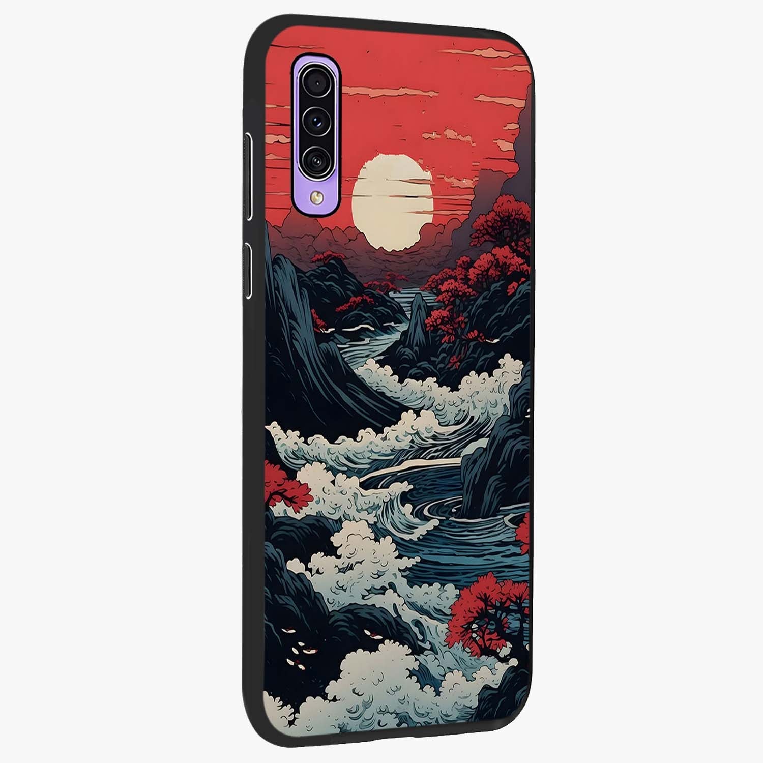 Red Sunset Scenery Glass Case upright view showcasing dramatic sunset scenery artwork with warm nature theme.