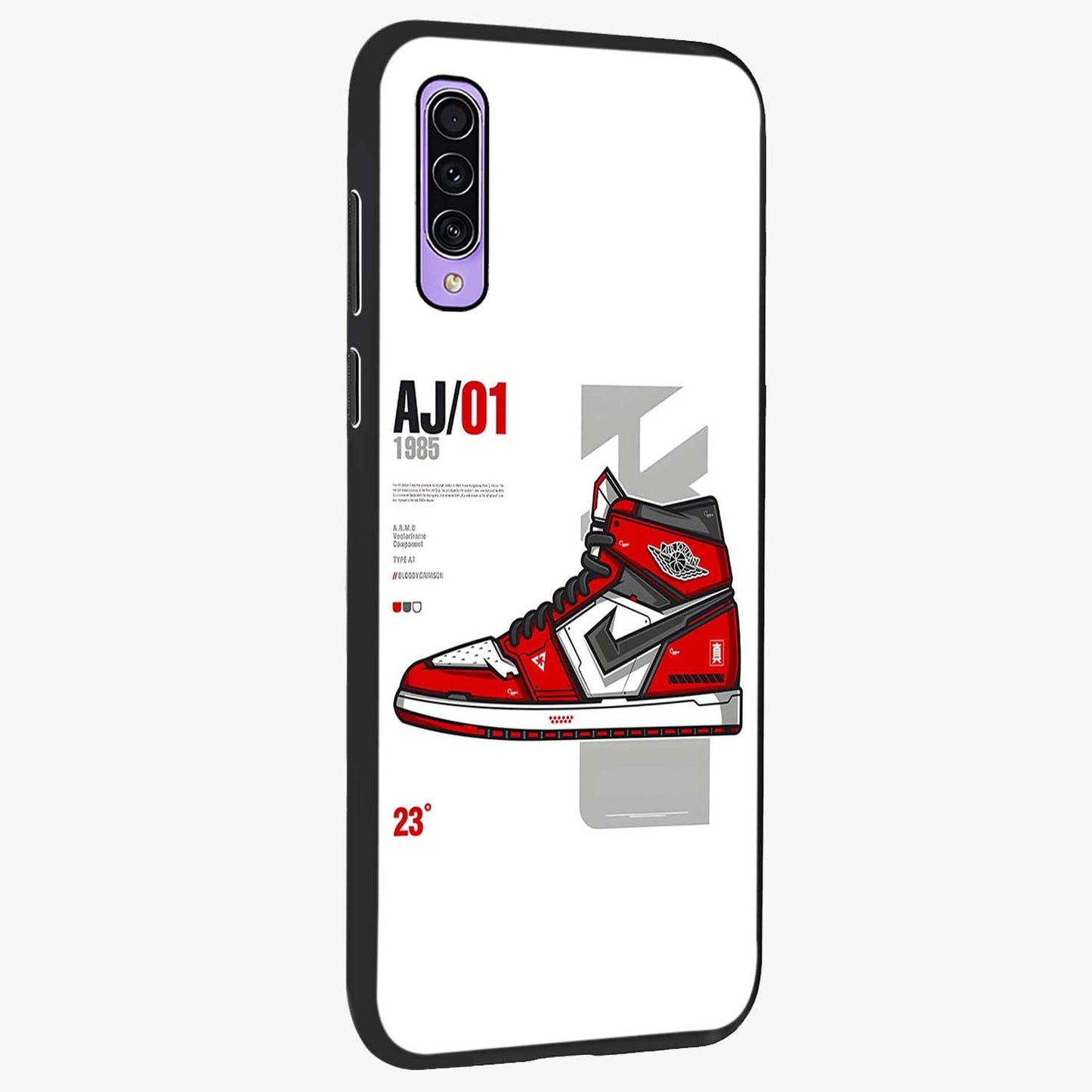 Retro Sneaker Blueprint Glass Case upright view showcasing stylish sneaker illustration with vintage streetwear theme.