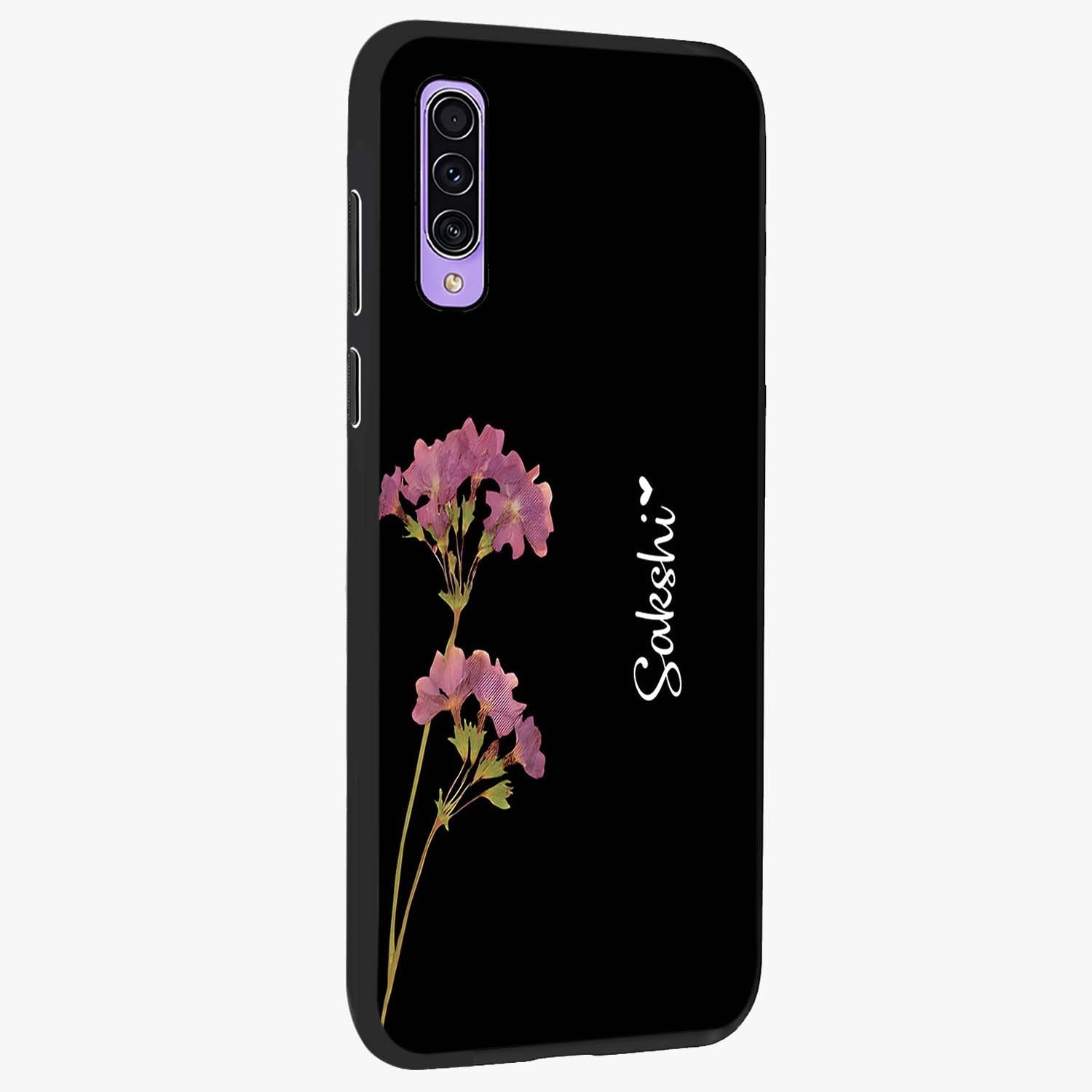 Riching Lavender Flower Custom Name Glass Case upright view showcasing elegant lavender floral artwork with personalized aesthetic.