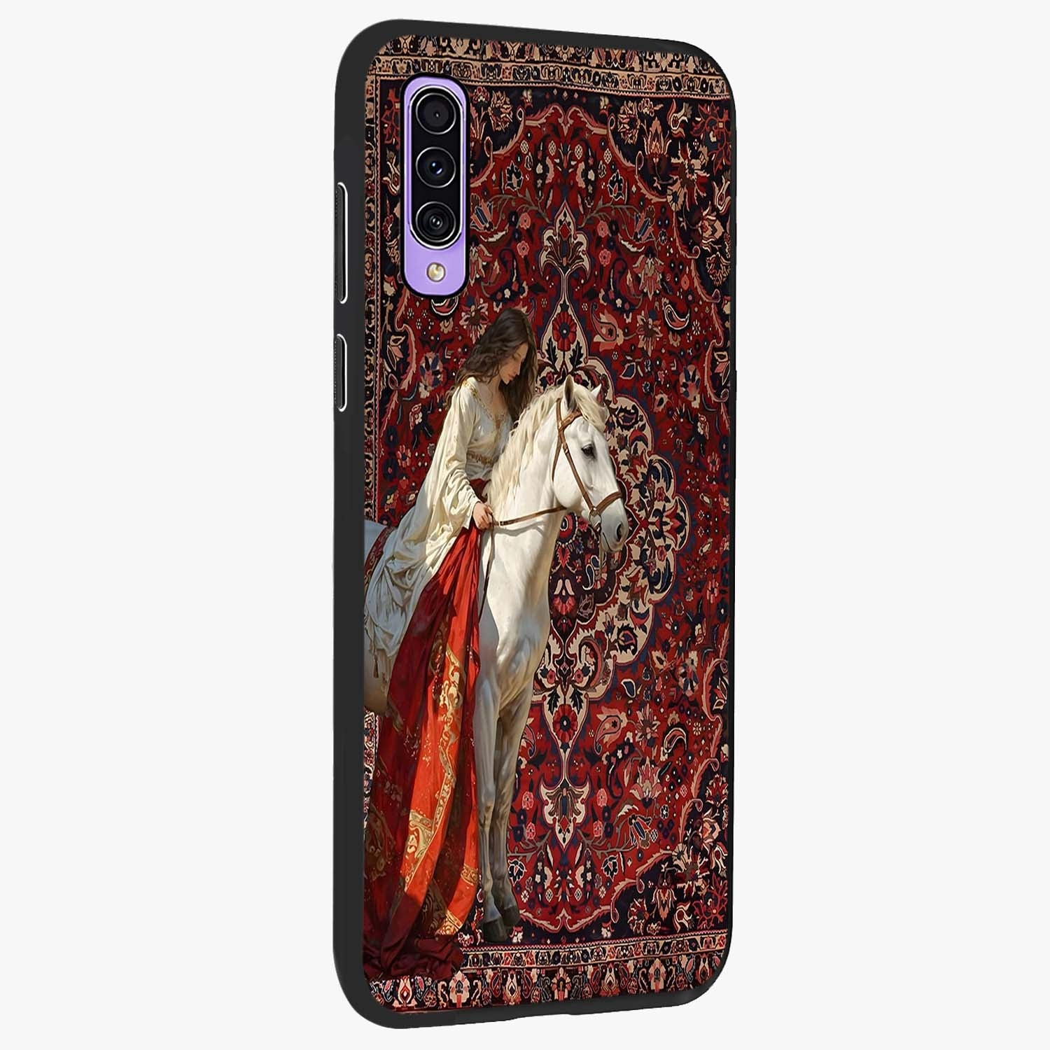 Royal Rider Tapestry Glass Case upright view showcasing detailed rider artwork with classic tapestry theme.