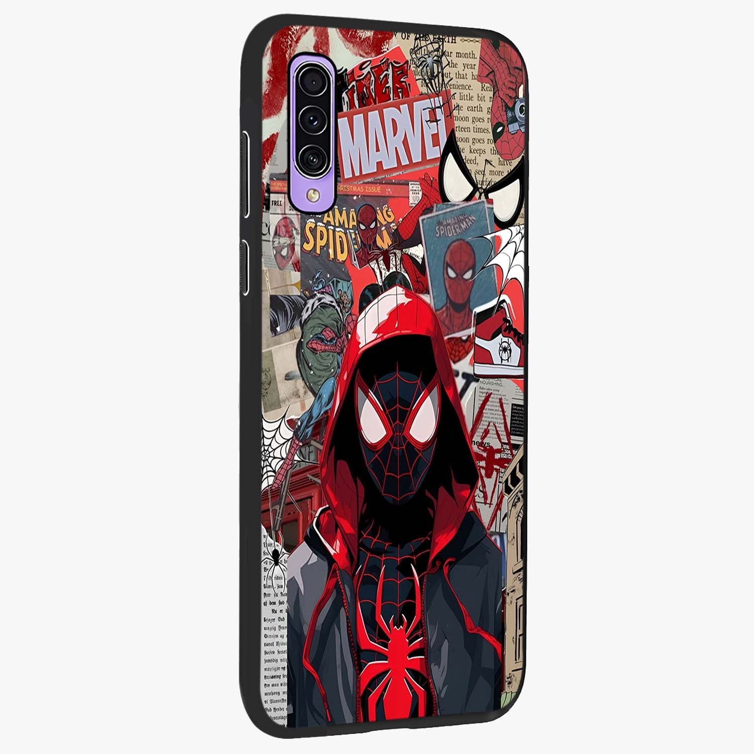Spider Collage Street Glass Case upright view showcasing bold superhero artwork with urban street theme.