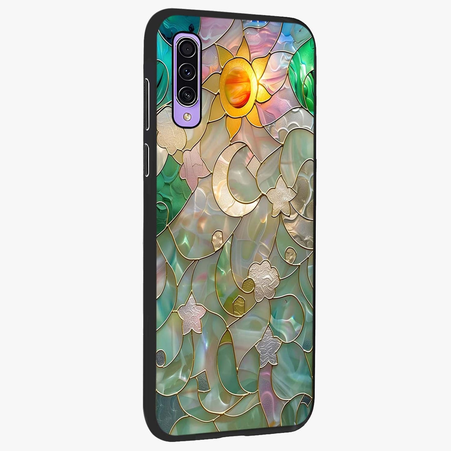 Stained Sunrise Glow Glass Case upright view showcasing colorful sunrise artwork with warm morning theme.