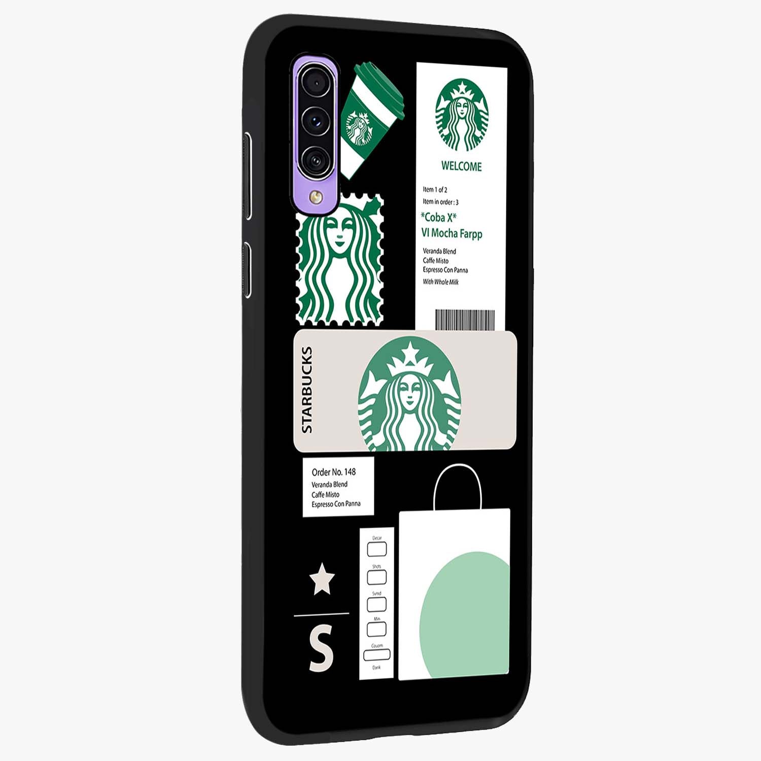 Starbucks Mocha Glass Case upright view showcasing trendy coffee inspired artwork with modern lifestyle theme.