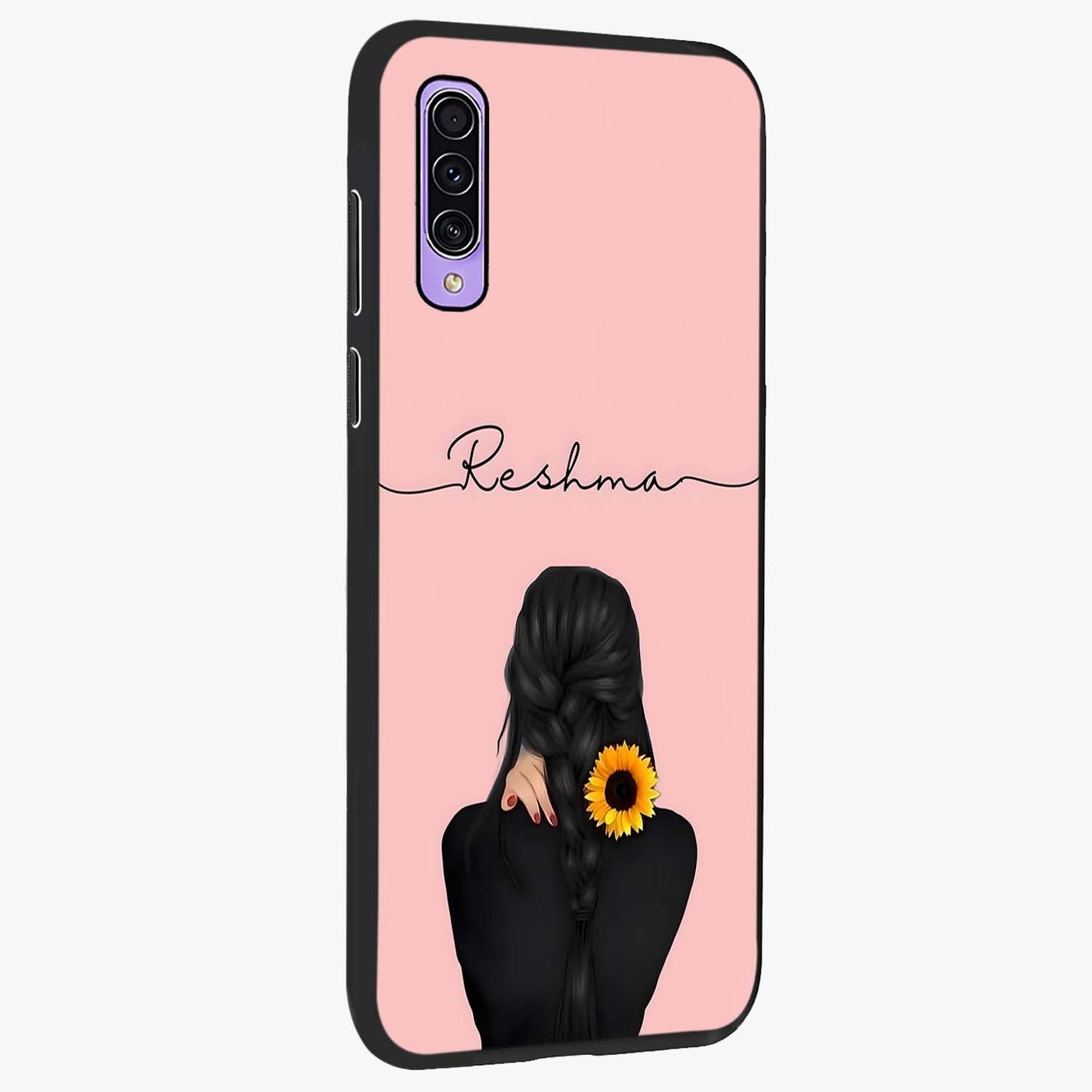 Sunflower Braid Beauty With Custom Name Glass Case upright view showcasing bright sunflower artwork with personalized floral aesthetic.