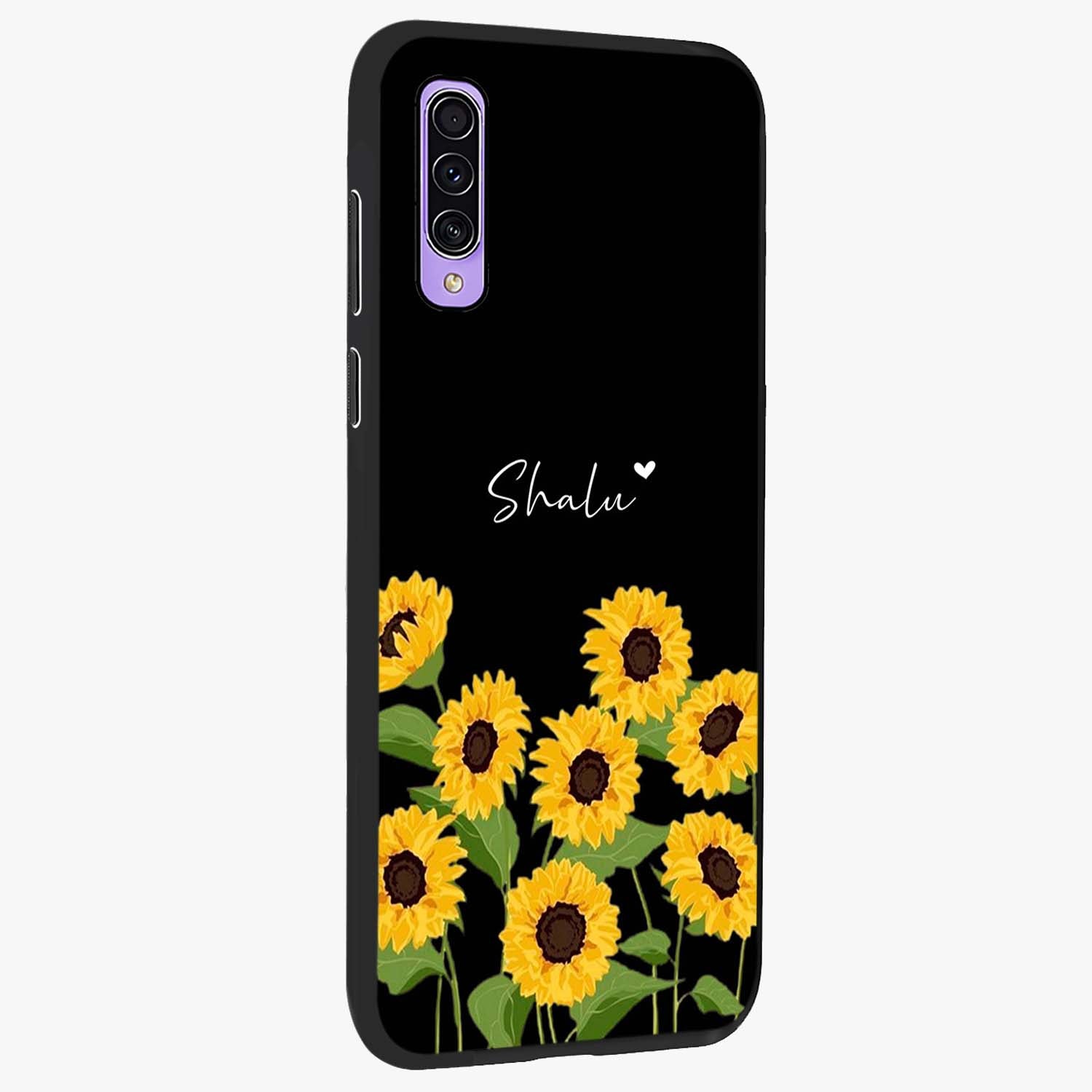Sunflower Chic Mood Custom Name Glass Case upright view showcasing cheerful sunflower artwork with trendy floral theme.