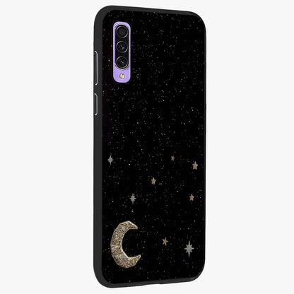 Twinkle Star With Half Moon Glass Case upright view showcasing glowing cosmic artwork with dreamy night theme.