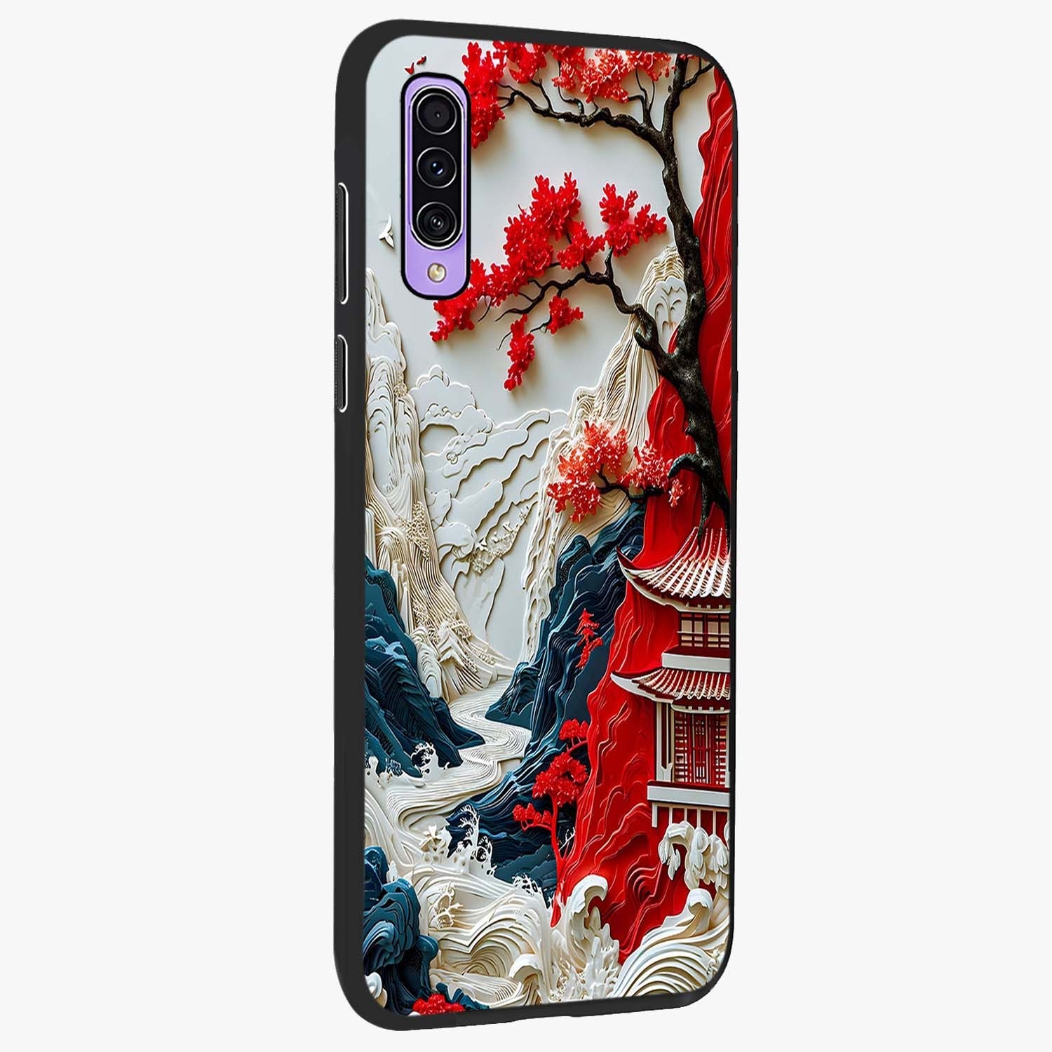 Whispers Of Sakura Waves Glass Case upright view showcasing delicate cherry blossom artwork with elegant nature theme.