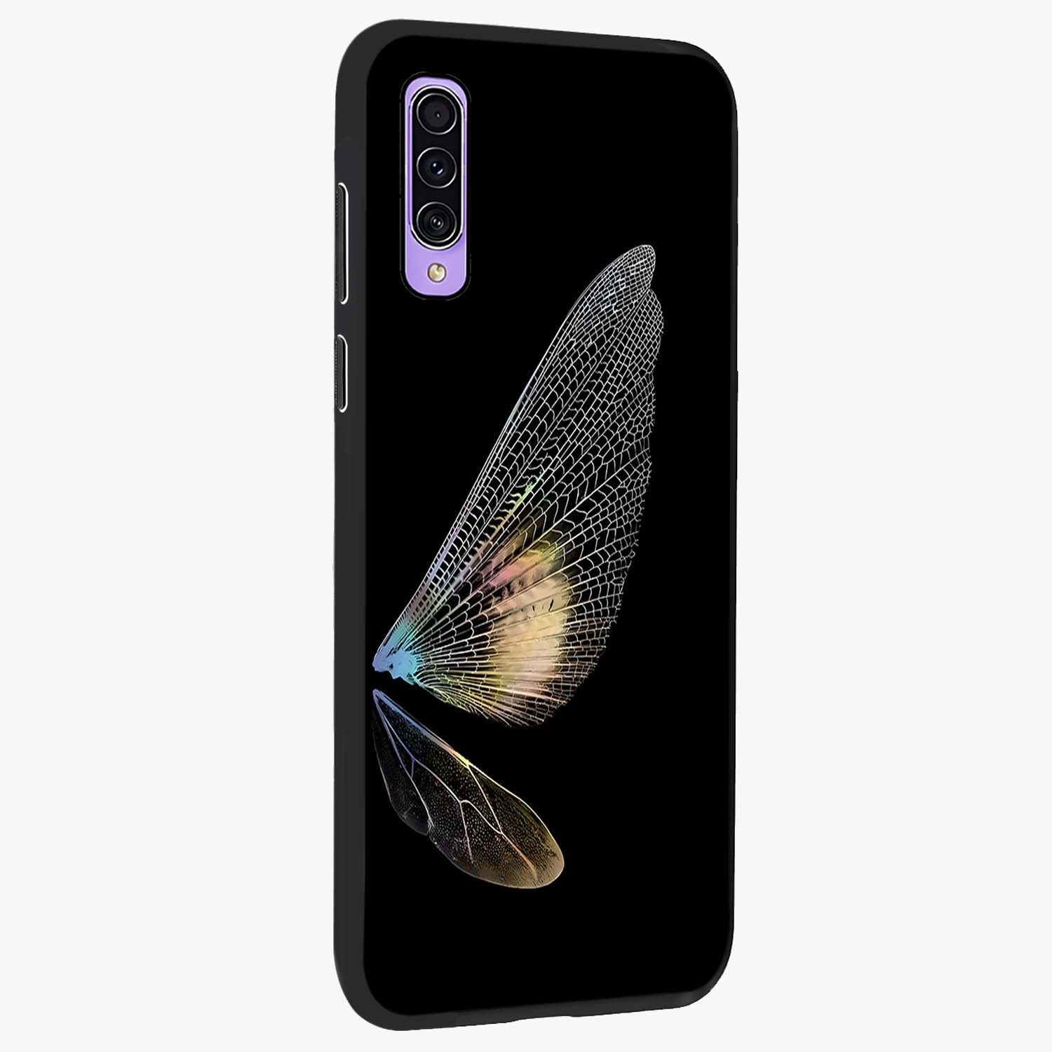 Whispers Of Wings Glass Case upright view showcasing elegant wing artwork with light airy theme.