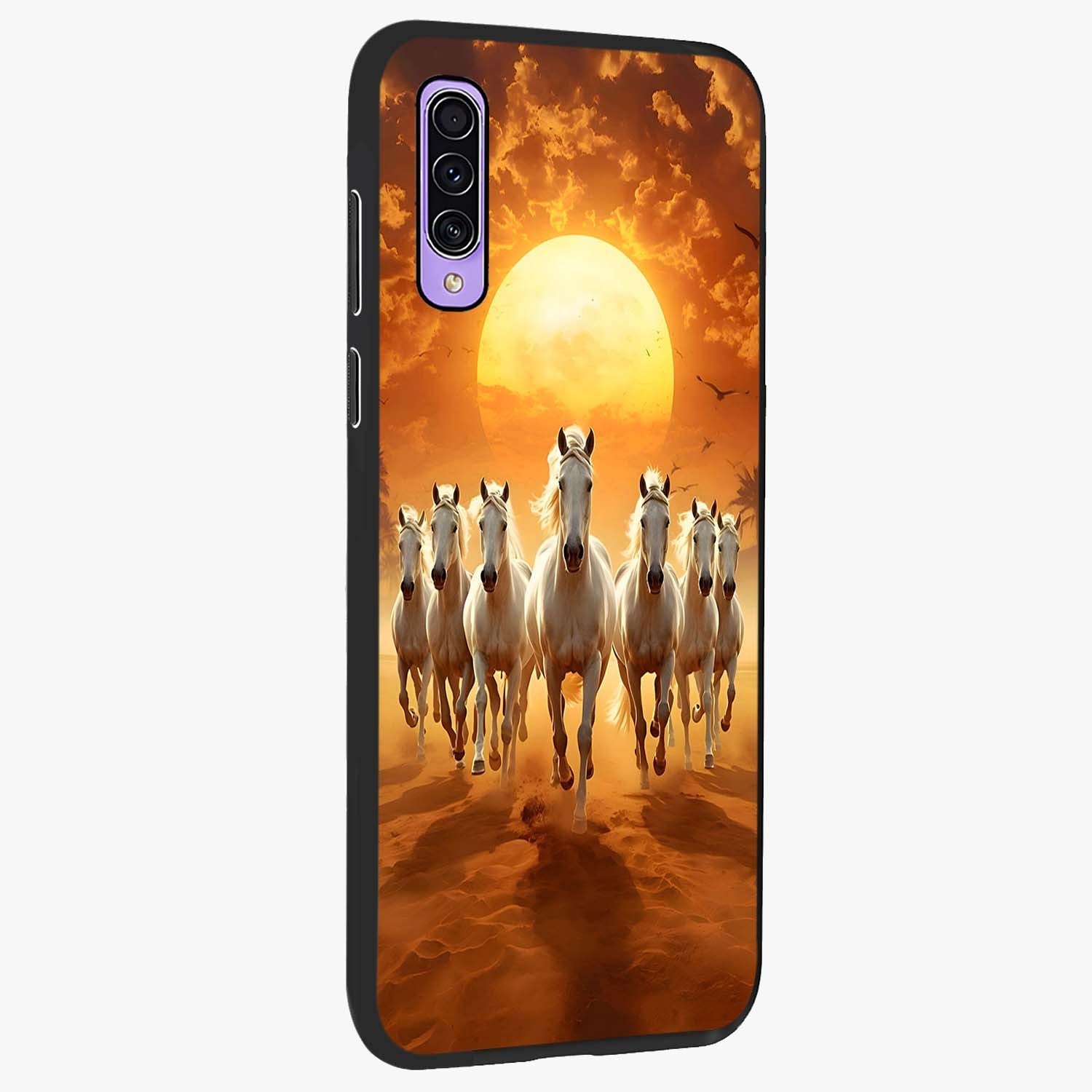 Wild Sunset Majesty Glass Case upright view showcasing dramatic sunset artwork with bold nature theme.