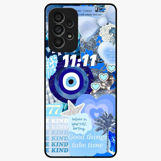 Aesthetic Be Kind Eye Glass Case showing flat back view with motivational eye artwork and glossy glass finish.