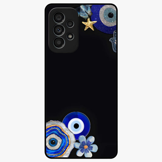 Aesthetic Blue Evil Eye Glass Case showing flat back view with protective evil eye artwork and glossy glass finish.