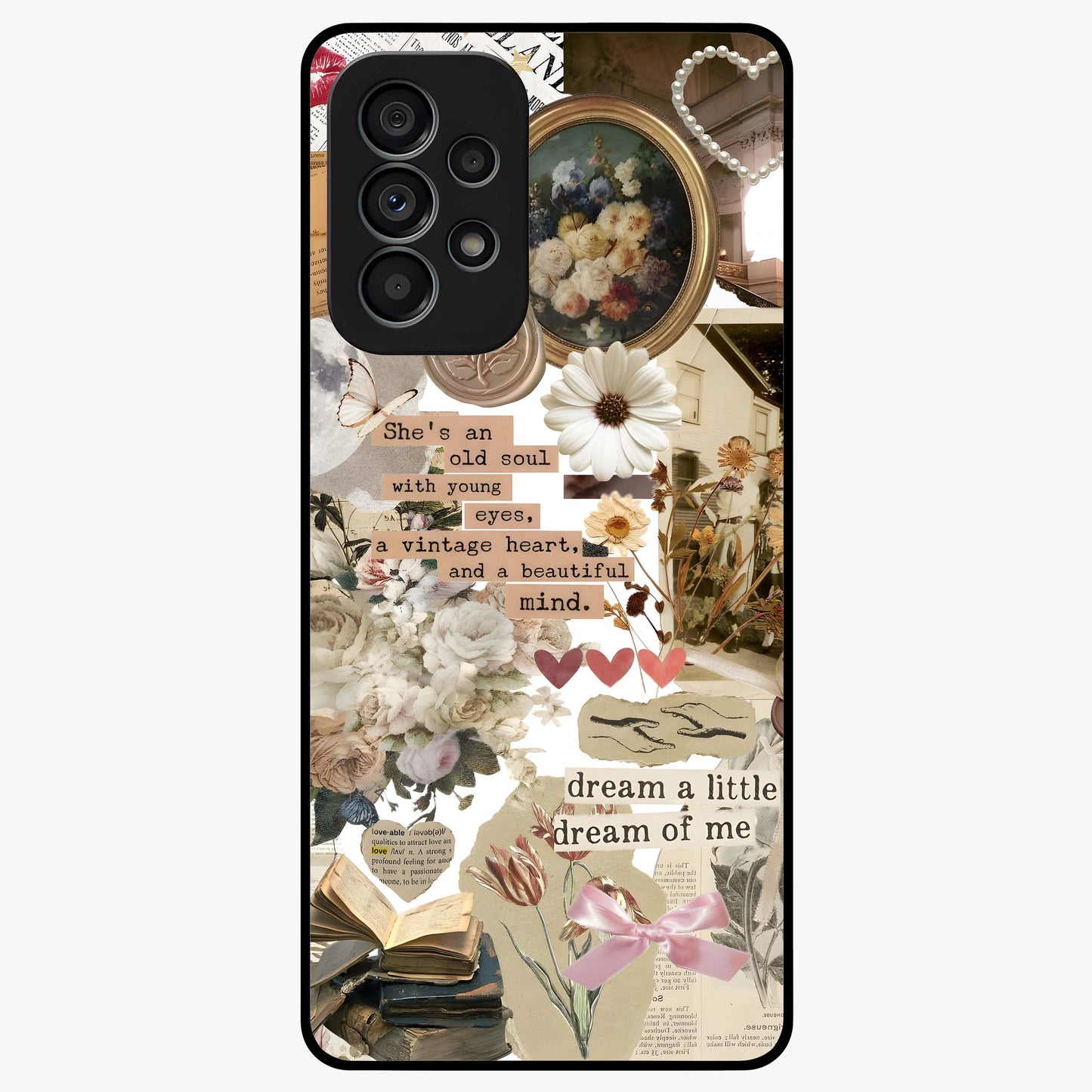 Aesthetic Brown Vintage Collage Glass Case showing flat back view with retro collage artwork and glossy glass finish.
