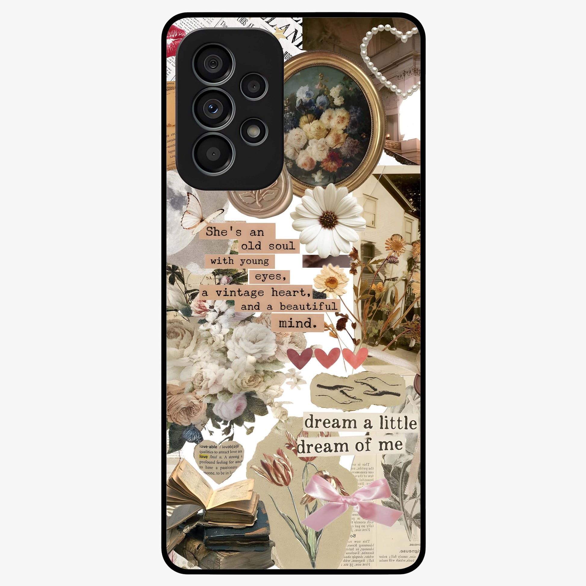 Aesthetic Brown Vintage Collage Glass Case showing flat back view with retro collage artwork and glossy glass finish.