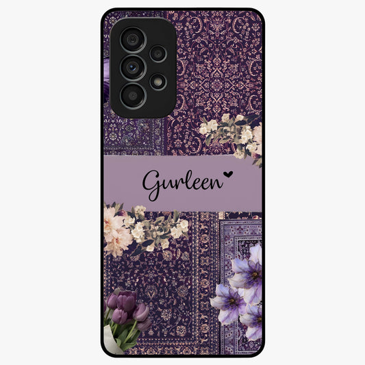 Antique Floral Whisper Custom Name Glass Case showing flat back view with vintage floral artwork and personalized name design.