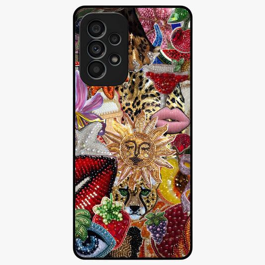 Beaded Fashion Jungle Glass Case showing flat back view with vibrant jungle inspired bead artwork and glossy glass finish.