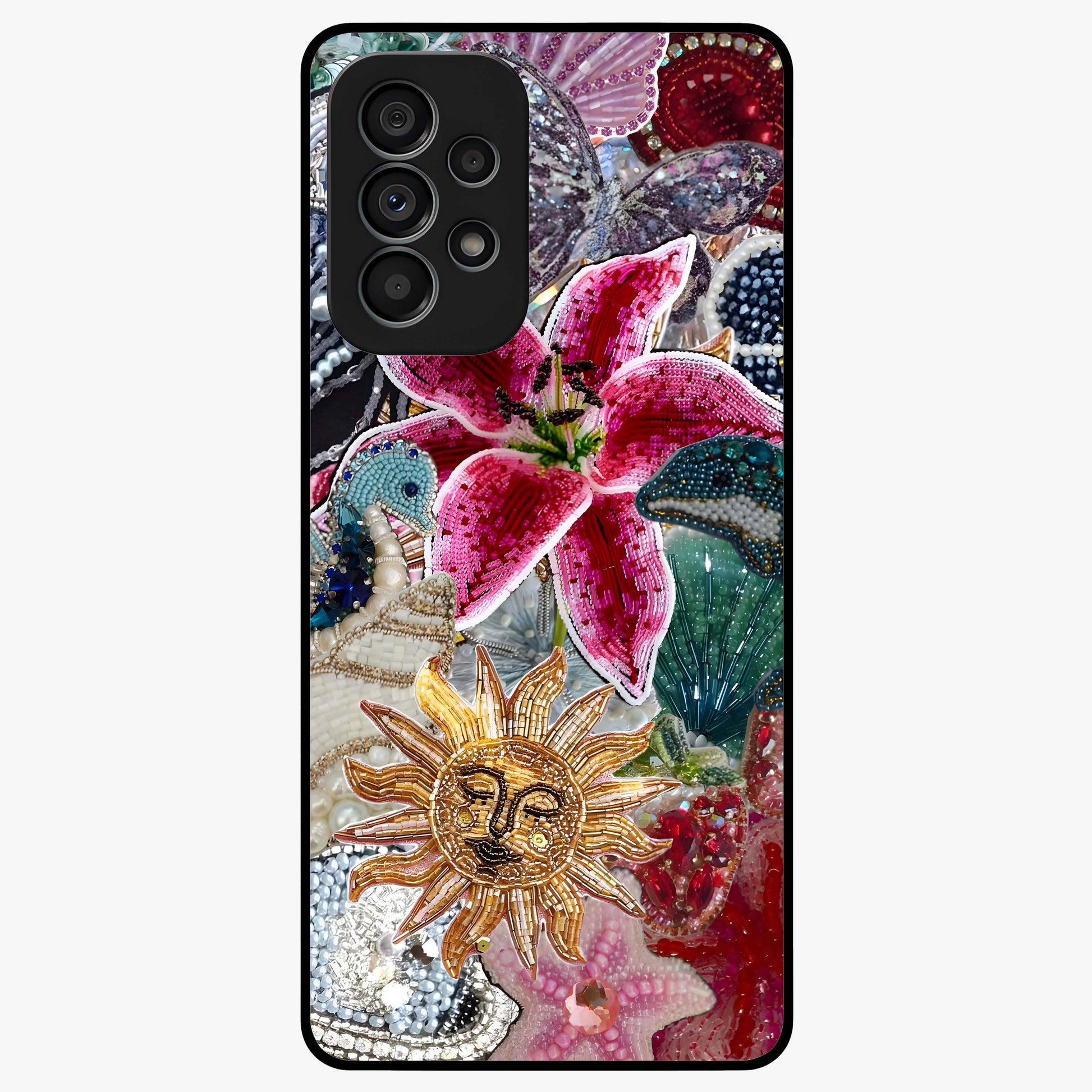 Beaded Garden Fantasy Glass Case showing flat back view with dreamy garden bead artwork and glossy glass finish.