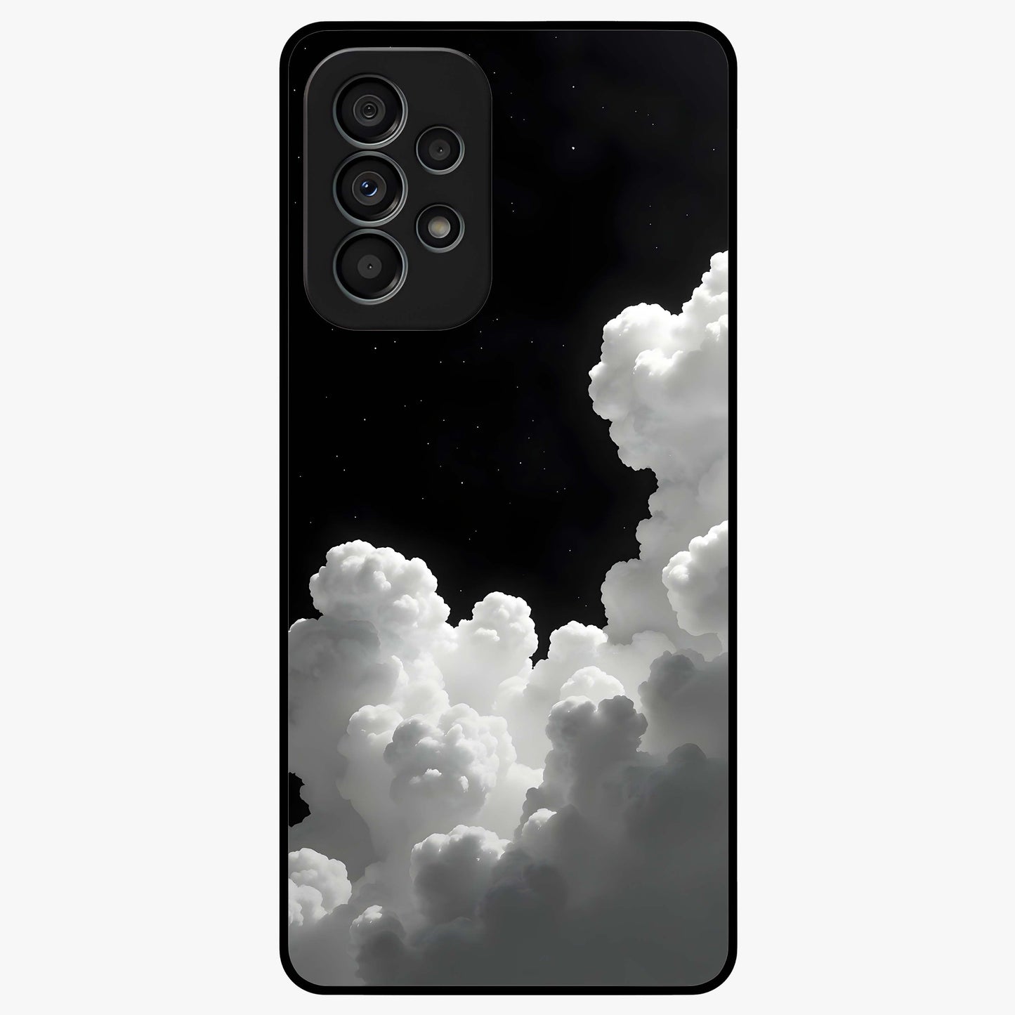 Black Background With White Cloud Glass Case showing flat back view with minimal cloud artwork on dark background and glossy glass finish.