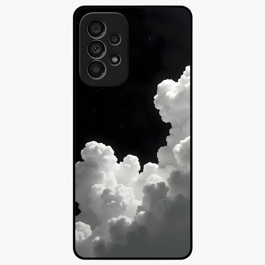 Black Background With White Cloud Glass Case showing flat back view with minimal cloud artwork on dark background and glossy glass finish.