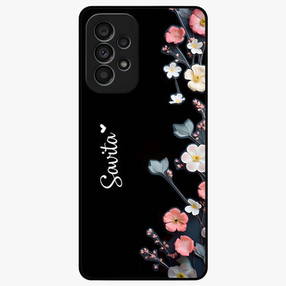 Black Elegance Floral Custom Name Glass Case showing flat back view with elegant floral artwork and personalized name design.