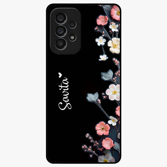 Black Elegance Floral Custom Name Glass Case showing flat back view with elegant floral artwork and personalized name design.
