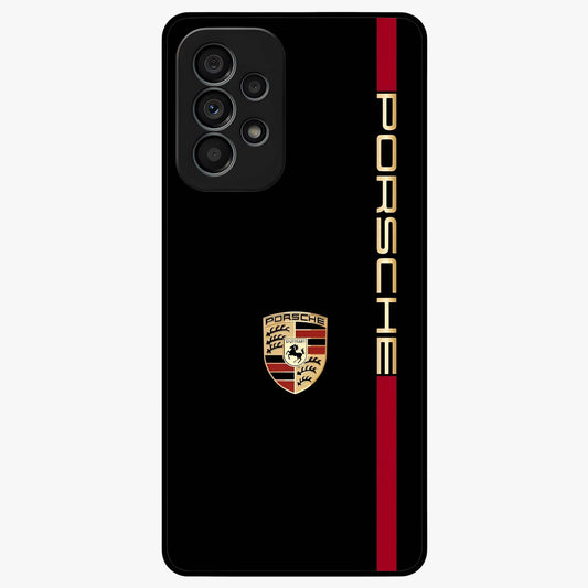 Black Minimal Porsche Glass Case showing flat back view with sleek minimal sports car artwork and glossy glass finish.