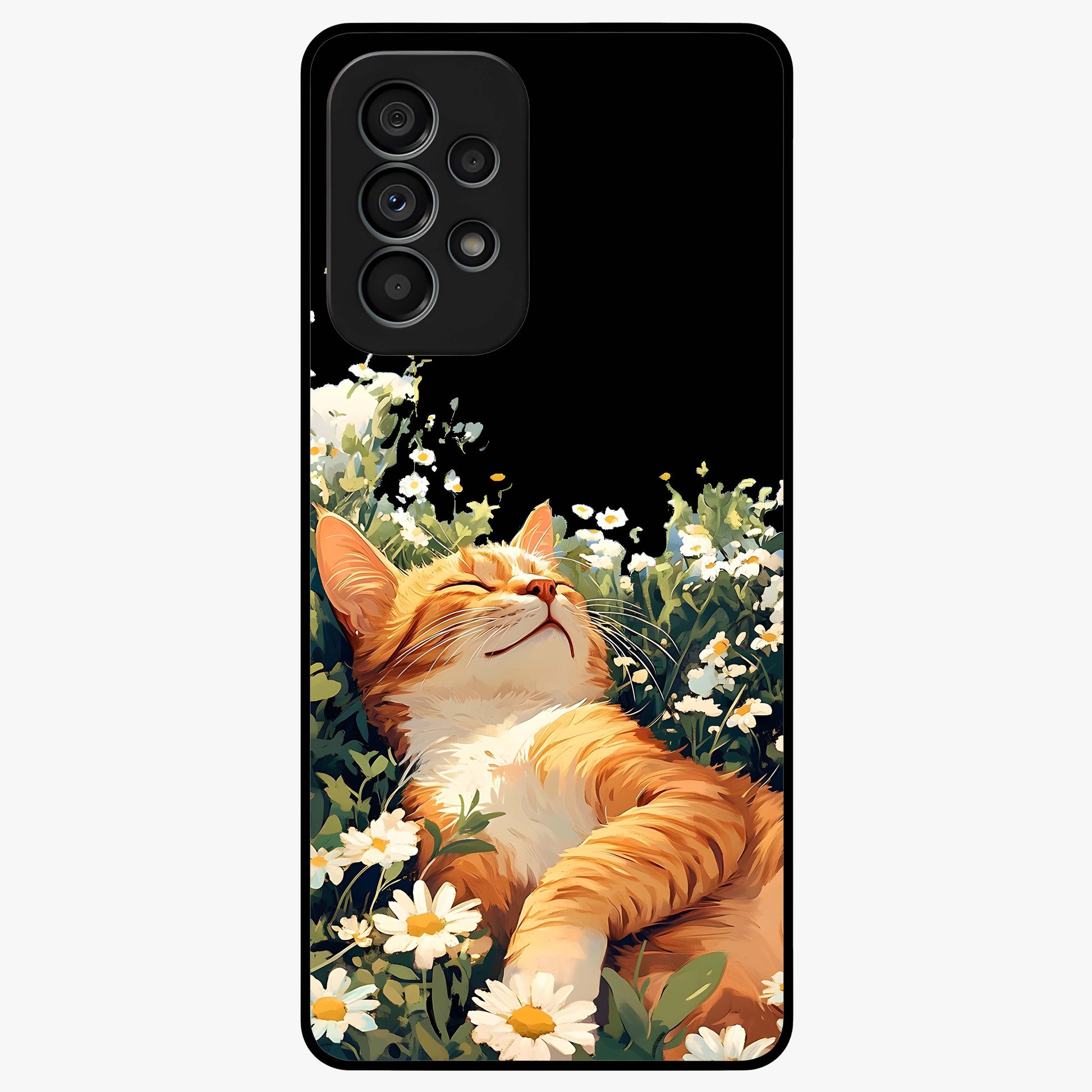 Blissful Bloom Cat Glass Case showing flat back view with cute cat and floral bloom artwork and glossy glass finish.