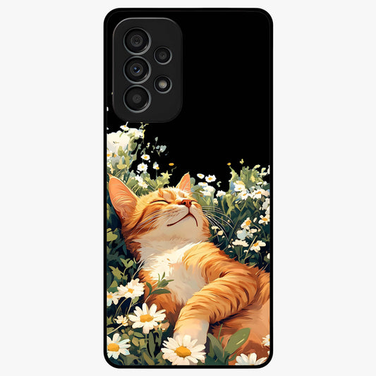 Blissful Bloom Cat Glass Case showing flat back view with cute cat and floral bloom artwork and glossy glass finish.