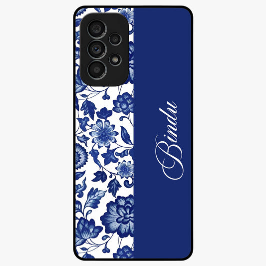Blue Vintage Floral Pattern Glass Case upright view showcasing timeless floral illustration with vintage inspired style.