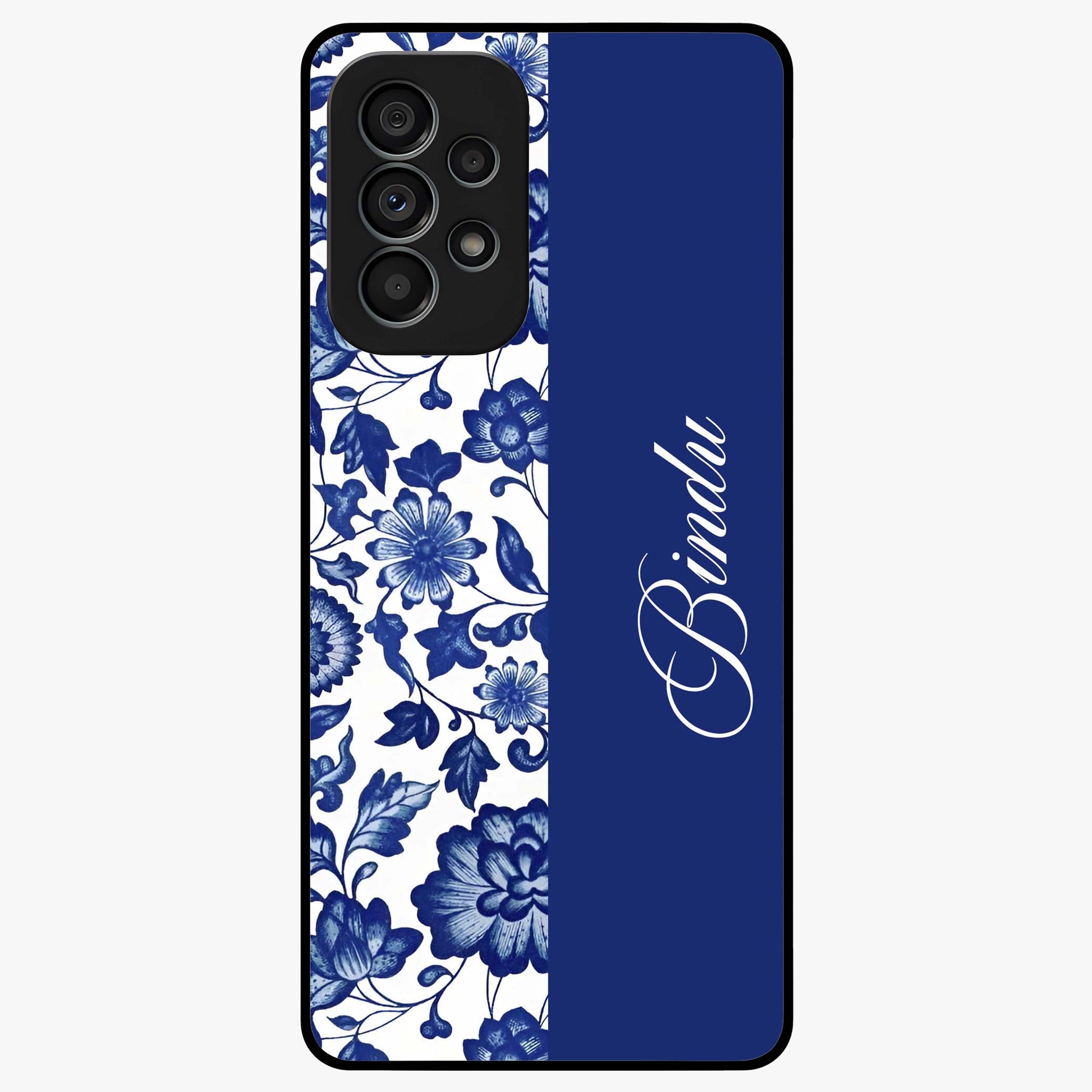 Blue Vintage Floral Pattern Glass Case upright view showcasing timeless floral illustration with vintage inspired style.