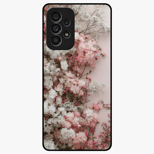 Blush Blossom Cloud Glass Case showing flat back view with dreamy blush cloud blossom artwork and glossy glass finish.