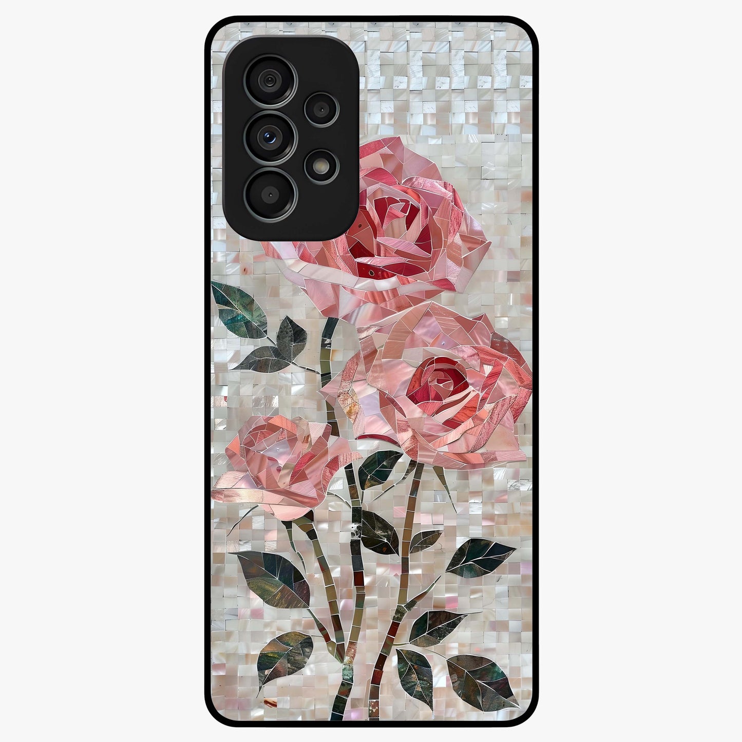 Blush Mosaic Bloom Glass Case showing flat back view with mosaic floral bloom artwork and glossy glass finish.