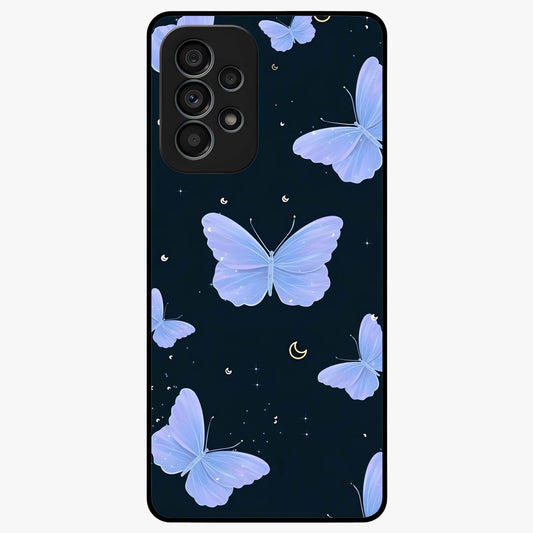 Butterfly With Stars Pattern Glass Case showing flat back view with butterfly and star pattern artwork and glossy glass finish.