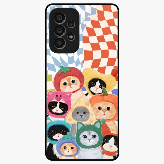 Cats in Fruits Glass Case showing flat back view with playful cat illustrations inside fruit artwork and glossy glass finish.