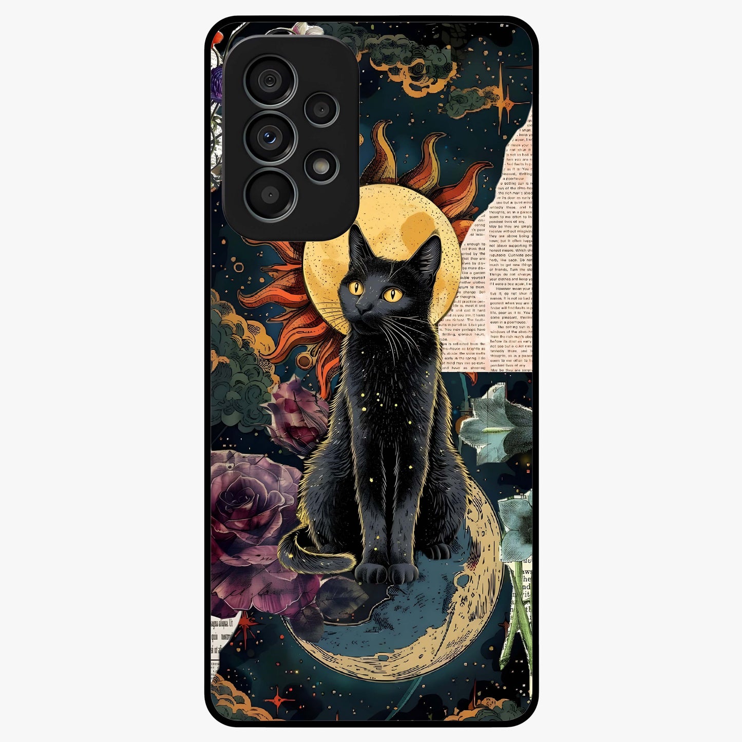 Celestial Black Cat Glass Case showing flat back view with mystical black cat artwork and glossy glass finish.