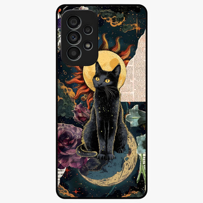 Celestial Black Cat Glass Case showing flat back view with mystical black cat artwork and glossy glass finish.