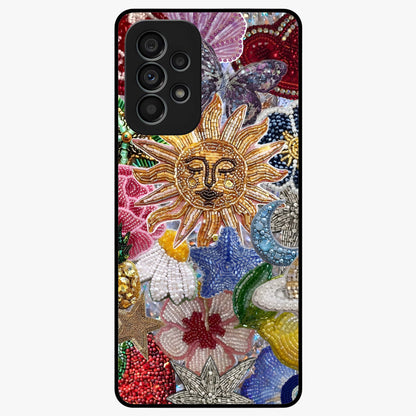 Celestial Floral and Playful Glass Case showing flat back view with floral and celestial themed artwork and glossy glass finish.