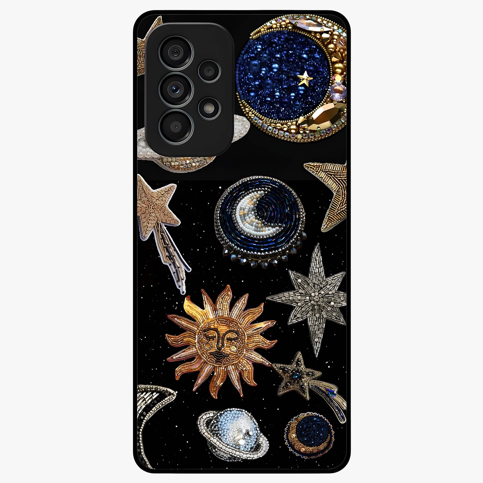 Celestial Gem Constellations Glass Case showing flat back view with sparkling constellation artwork and glossy glass finish.