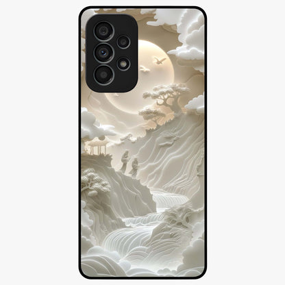 Celestial Origami Glass Case showing flat back view with artistic origami inspired celestial artwork and glossy glass finish.