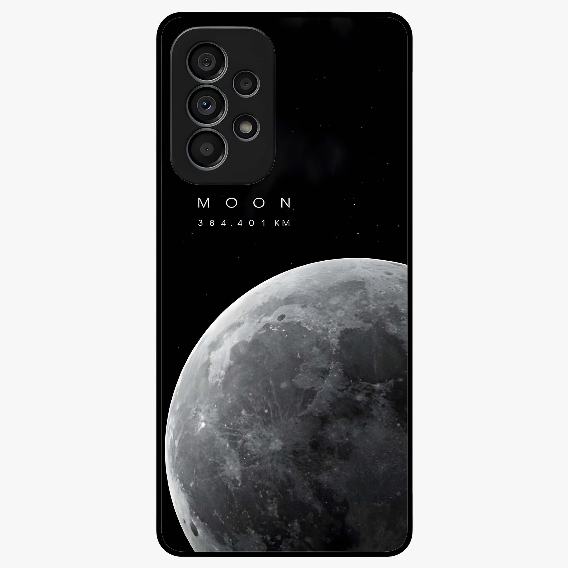 Cosmic Moon Glow Glass Case showing flat back view with glowing moon artwork and glossy glass finish.