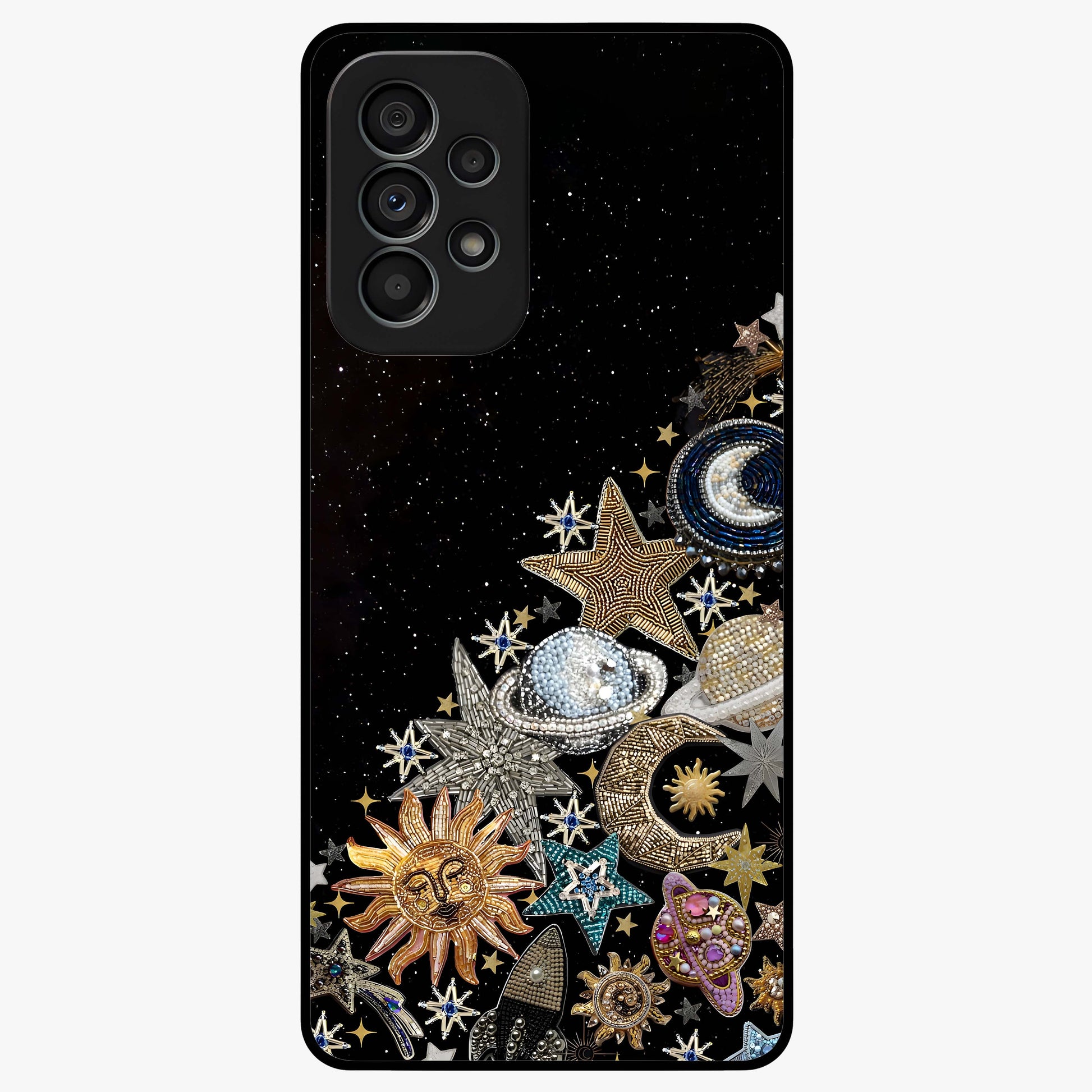 Cosmic Sparkle Dreams Glass Case showing flat back view with sparkling cosmic artwork and glossy glass finish.