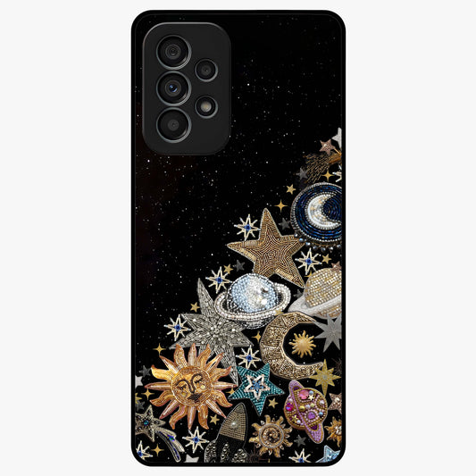 Cosmic Sparkle Dreams Glass Case showing flat back view with sparkling cosmic artwork and glossy glass finish.