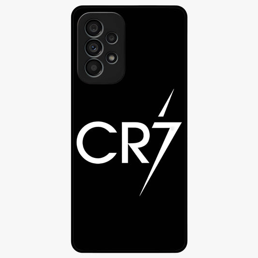Cr7 Elite Strike Glass Case showing flat back view with dynamic football inspired artwork and glossy glass finish.