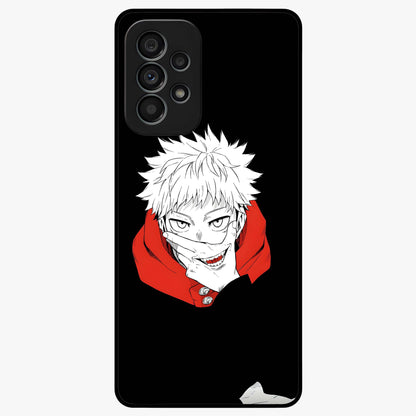 Crimson Chaos Smile Glass Case showing flat back view with bold chaotic smile artwork and glossy glass finish.