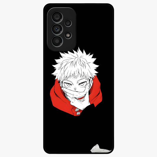 Crimson Chaos Smile Glass Case showing flat back view with bold chaotic smile artwork and glossy glass finish.
